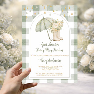 Invitation Fête de bébé Arc-en-ciel d'avril en gingham vert