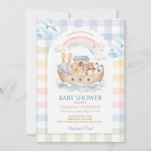 Invitation Fête de bébé Arc-en-ciel Gingham pastel de l'Arche