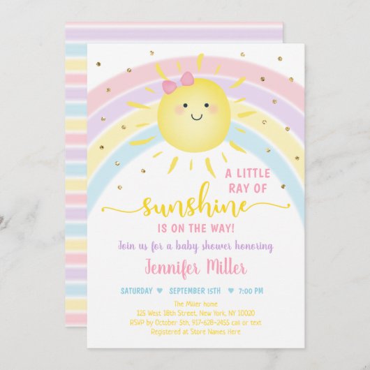 Invitation Fête de bébé Arc-en-ciel Rose Or Pastel Sunshine (Devant / Derrière)