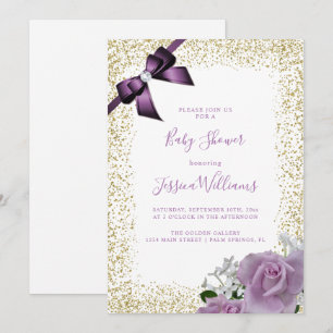 Invitation Fête de Bébé Arc-en-ciel Rose & Ruban Violet, Pail