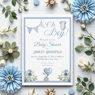 Invitation Fête de bébé au bleu aquarelle Oh Boy