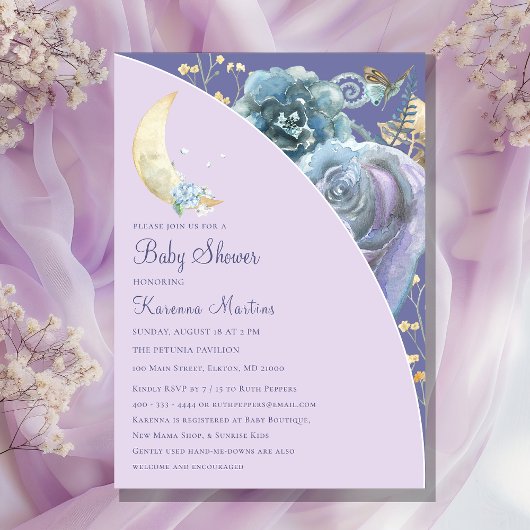Invitation Fête de bébé au clair de lune lavande violet écrit