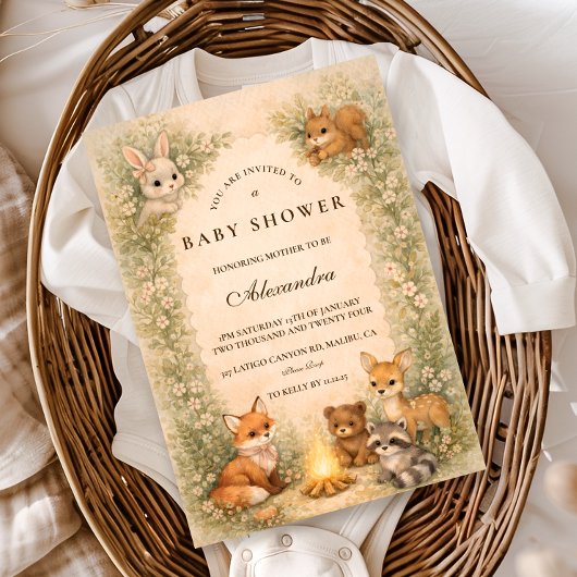 Invitation Fête de Bébé au Feu de Camp Bois Enchanté
