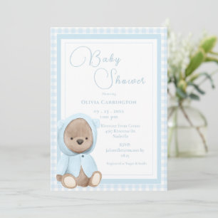 Invitation Fête de bébé au gingham ours bleu vintage