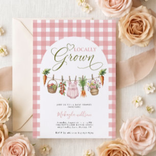 Invitation Fête de Bébé au Gingham Rose Cultivé Localement