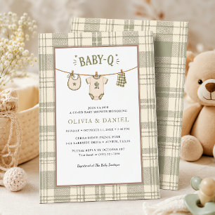 Invitation Fête de bébé au gingham vert sauge Cozy BBQ