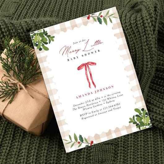 Invitation Fête de Bébé au Petit Ruban Rouge Gingham