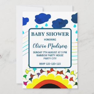 Invitation Fête de bébé au sexe non défini avec des nuages fl