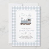 Invitation Fête de bébé au thème de train à carreaux bleus (Devant)