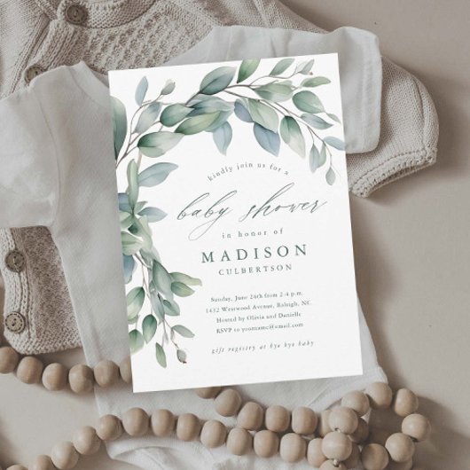 Invitation Fête de bébé au thème de verdure d'eucalyptus