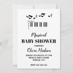 Invitation Fête de bébé au thème musical noir et blanc neutre