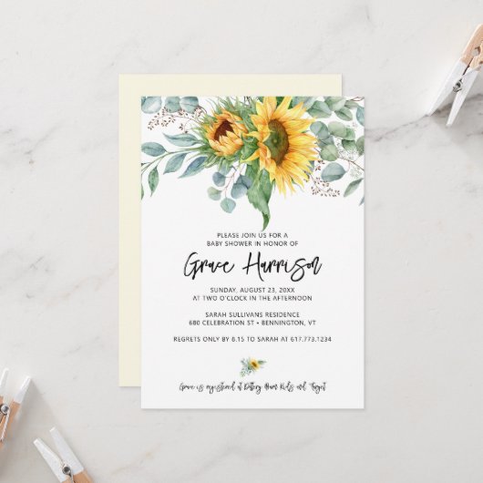 Invitation Fête de bébé au tournesol rustique et verdure d'eu (Devant/Arrière en situation)