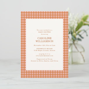 Invitation Fête de Bébé Automne à Carreaux Gingham Orange Pêc