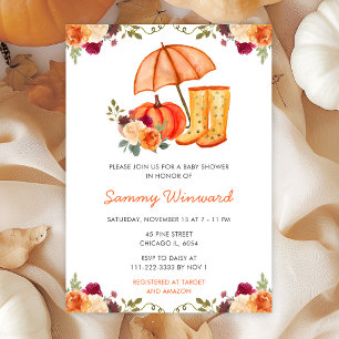 Invitation Fête de Bébé Automne Floral Citrouilles Bottes