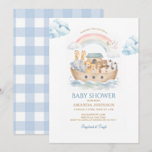 Invitation Fête de bébé aux animaux à carreaux bleus de l'arc