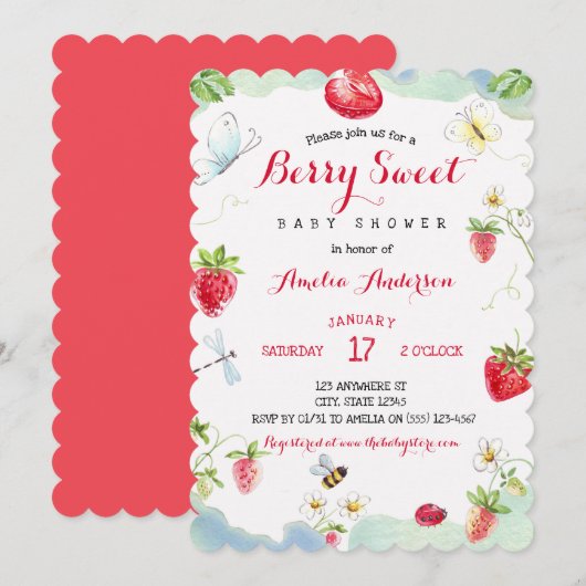 Invitation Fête de bébé aux fraises douce aquarelle (Devant / Derrière)