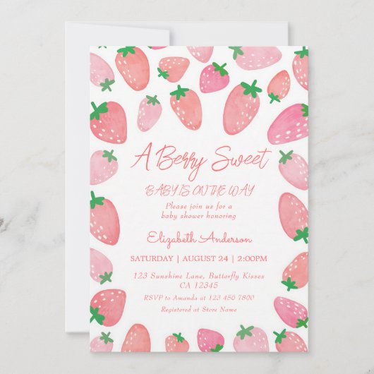 Invitation Fête de bébé aux fraises douce comme un Berry (Devant)