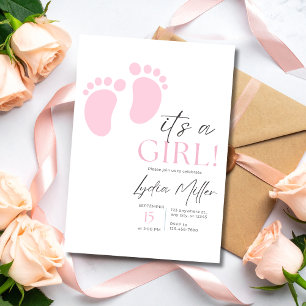 Invitation Fête de Bébé aux Petits Pieds Roses Fille Minimali