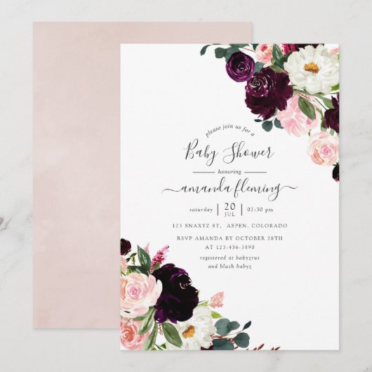 Invitation Fête de bébé aux tons prune et rose (Devant / Derrière)