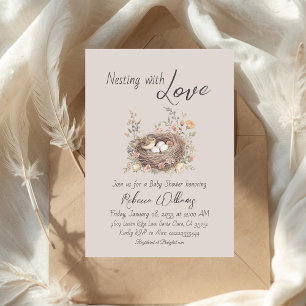 Invitation Fête de Bébé avec Arc Floral Rustique et Nids Embo
