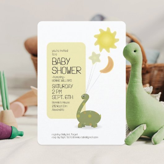 Invitation Fête de bébé avec dinosaure vert armée et ballons