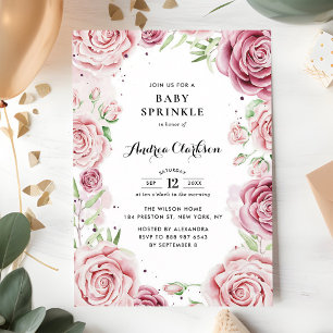 Invitation Fête de Bébé avec Roses Aquarelle Rose
