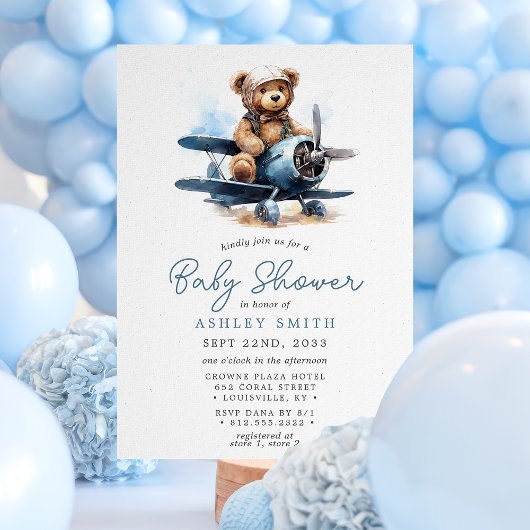 Invitation Fête de bébé avion Ourson