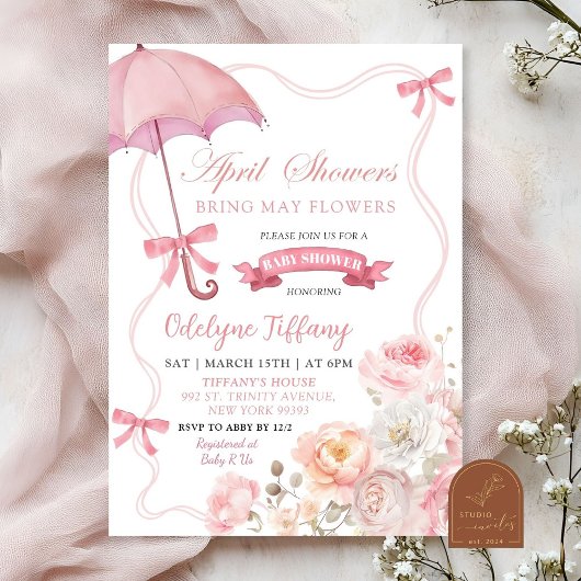 Invitation Fête de bébé avril florale rose tendre