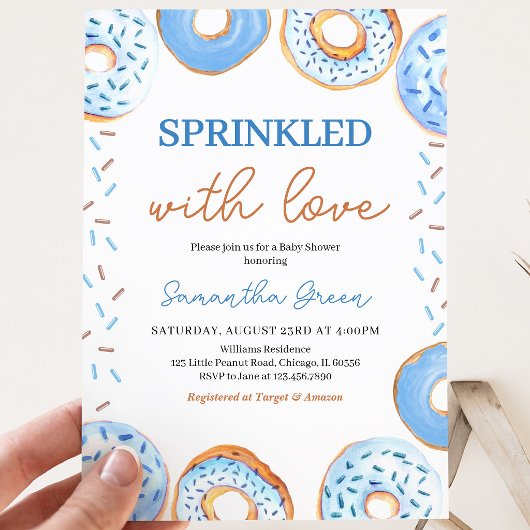 Invitation Fête de Bébé Baby Sprinkle Donuts Bleus