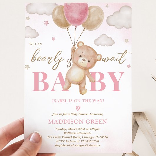 Invitation Fête de bébé ballon ours rose