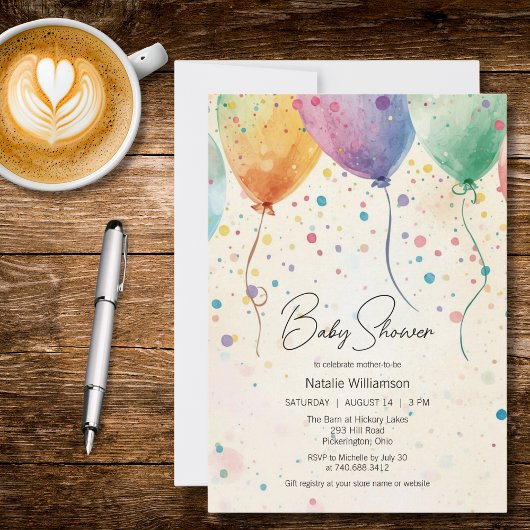 Invitation Fête de Bébé Ballons à l'Aquarelle 