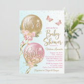 Invitation Fête de Bébé Ballons Papillons Rose Or Turquoise (Debout devant)