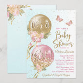 Invitation Fête de Bébé Ballons Papillons Rose Or Turquoise (Devant / Derrière)