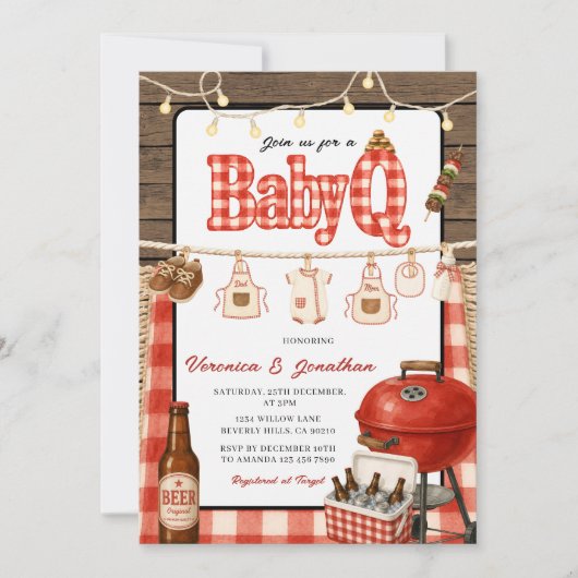 Invitation Fête de bébé BBQ Jardin Grill Rouge Gingham Bois (Devant)