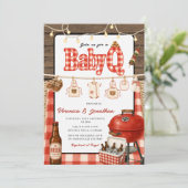 Invitation Fête de bébé BBQ Jardin Grill Rouge Gingham Bois (Debout devant)