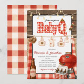 Invitation Fête de bébé BBQ Jardin Grill Rouge Gingham Bois (Devant / Derrière)