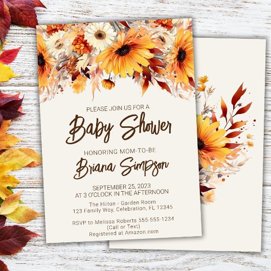 Invitation Fête de bébé beige Floral d'automne