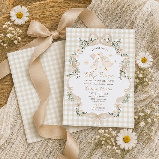 Invitation Fête de bébé beige gingham Silly Goose neutre