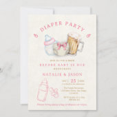 Invitation Fête de Bébé Bière Couche Cute Rose (Devant)