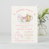 Invitation Fête de Bébé Bière Couche Cute Rose (Debout devant)