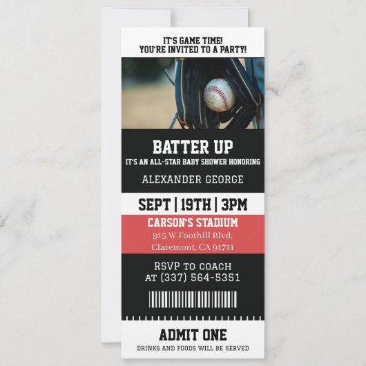 Invitation Fête de Bébé Billets de Baseball (Devant)