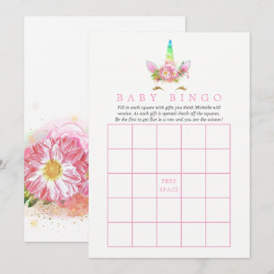 Invitation Fête de Bébé Bingo Licorne Arc-en-ciel Fleur Rose