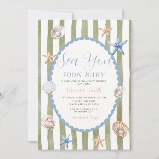Invitation Fête de Bébé Blue Sage Côté Mer Vous Bientôt  (Devant)