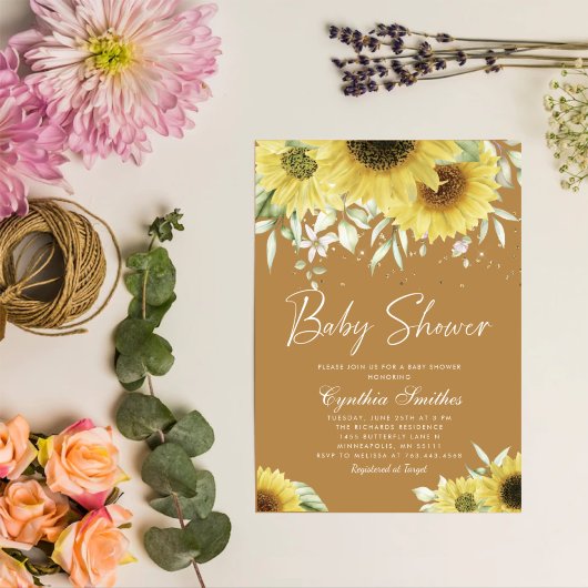 Invitation Fête de bébé Bohème Fleur de Tournesol Paillettes