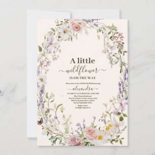 Invitation Fête de Bébé Bohème Fleur Sauvage Rose Élégante