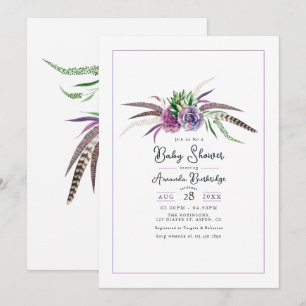 Invitation Fête de bébé Bohème Floral et Plumes