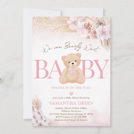 Invitation Fête de Bébé Bohème Ourse Fille Rose (Devant)