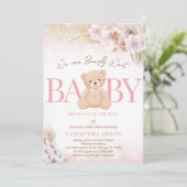 Invitation Fête de Bébé Bohème Ourse Fille Rose (Debout devant)