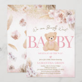 Invitation Fête de Bébé Bohème Ourse Fille Rose (Devant / Derrière)