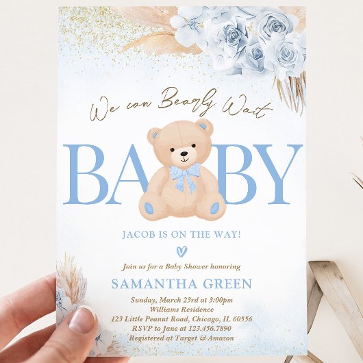 Invitation Fête de bébé bohème Ourson Bleu Garçon